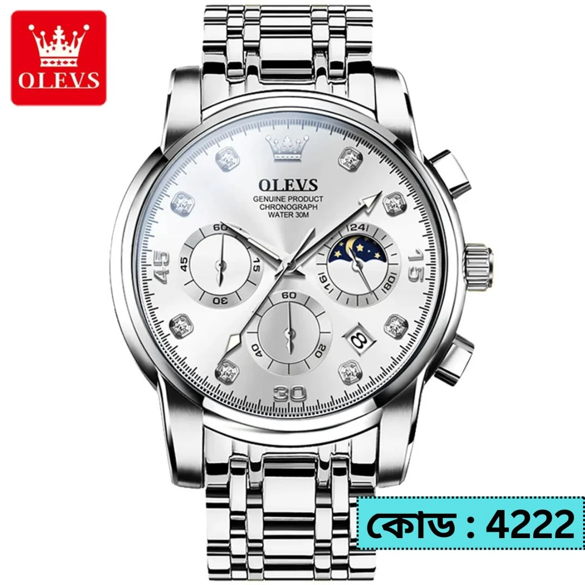 OLEVS MODEL 2889 Watch for Men Stainless Steel Watches - OLEVS MODE 2889 FULL SILVER COLOUR WATCH - MAN WATCH + এক পিস ব্যাটারি ফ্রি।