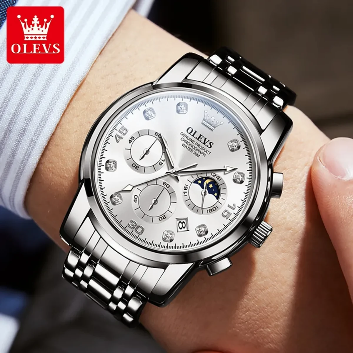 OLEVS MODEL 2889 Watch for Men Stainless Steel Watches - OLEVS MODE 2889 FULL SILVER COLOUR WATCH - MAN WATCH + এক পিস ব্যাটারি ফ্রি।