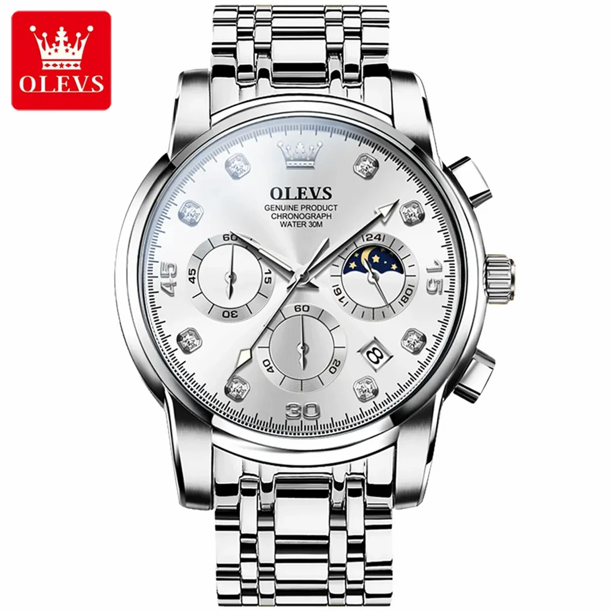 OLEVS MODEL 2889 Watch for Men Stainless Steel Watches - OLEVS MODE 2889 FULL SILVER COLOUR WATCH - MAN WATCH + এক পিস ব্যাটারি ফ্রি।