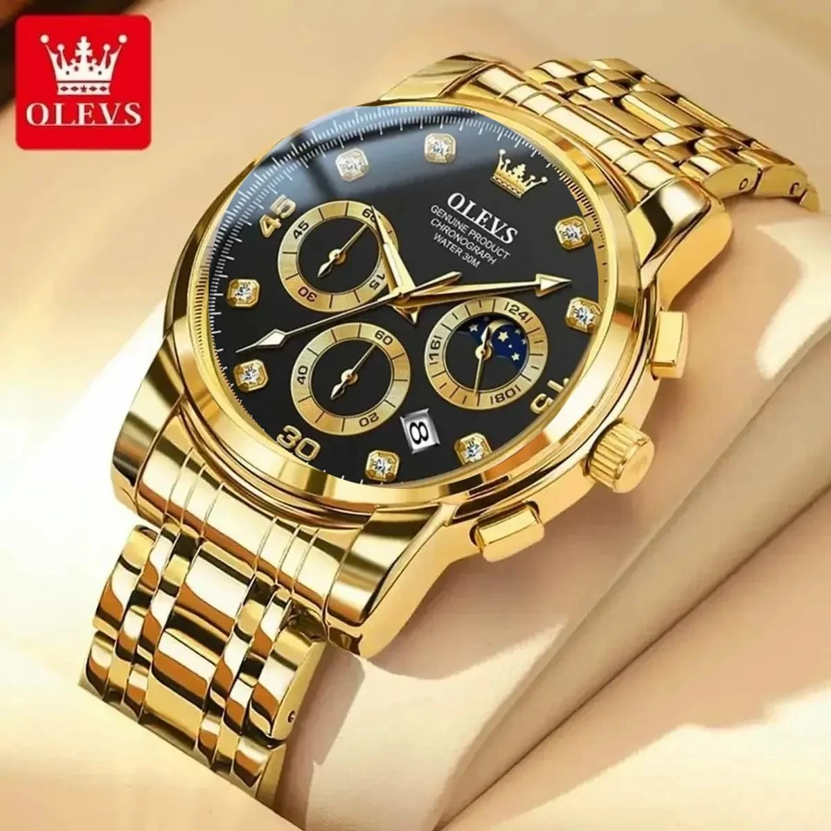 OLEVS WATCH MODEL 2889  GOLDEN CHAIN DIAL BLACK  COLOUR WATCH FOR MAN + এক পিস ব্যাটারি ফ্রি।