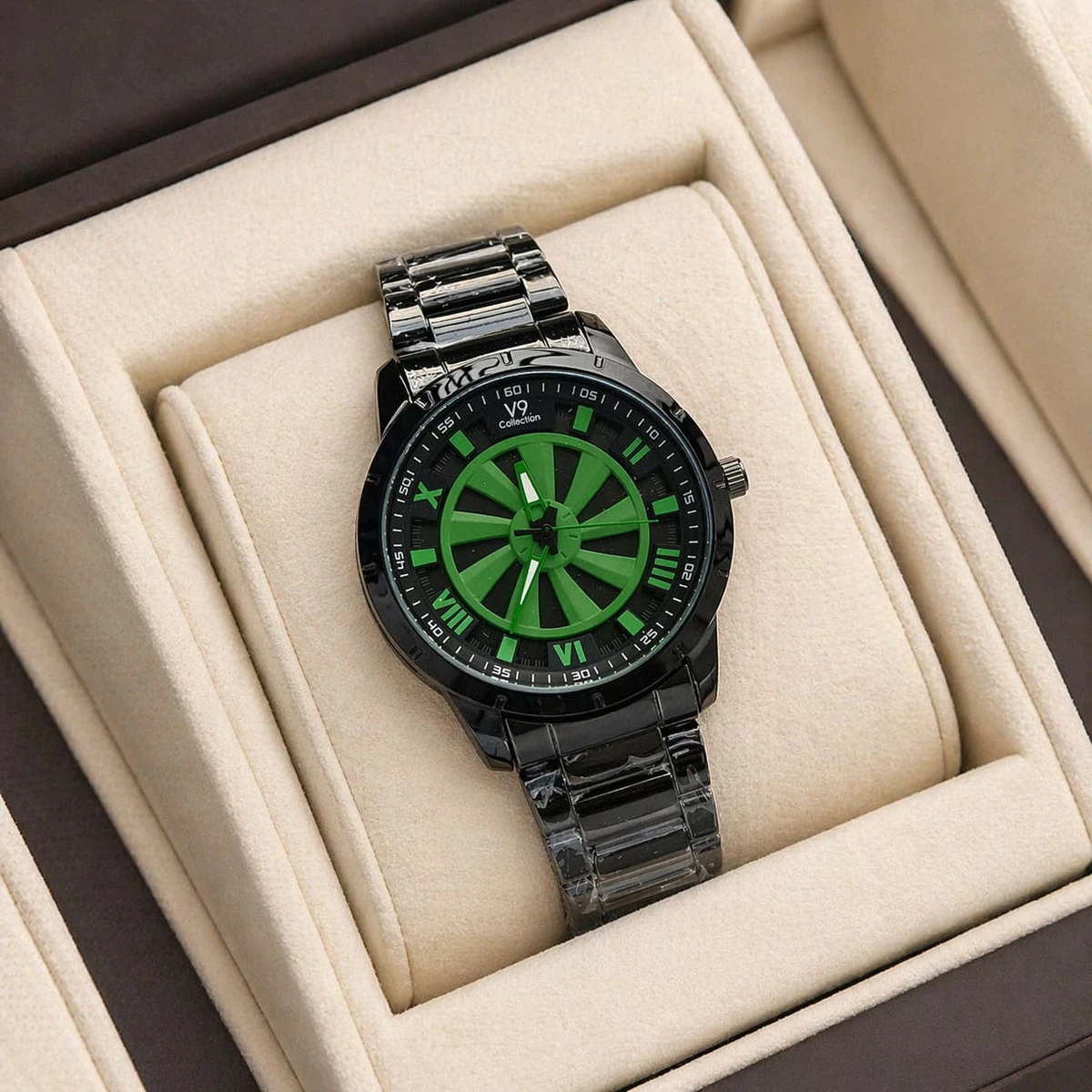 V9 WATCH MODEL 3040 CHAIN BLACK DIAL BLACK OR GREEN COLOUR WATCH FOR MAN + এক পিস ব্যাটারি ফ্রি