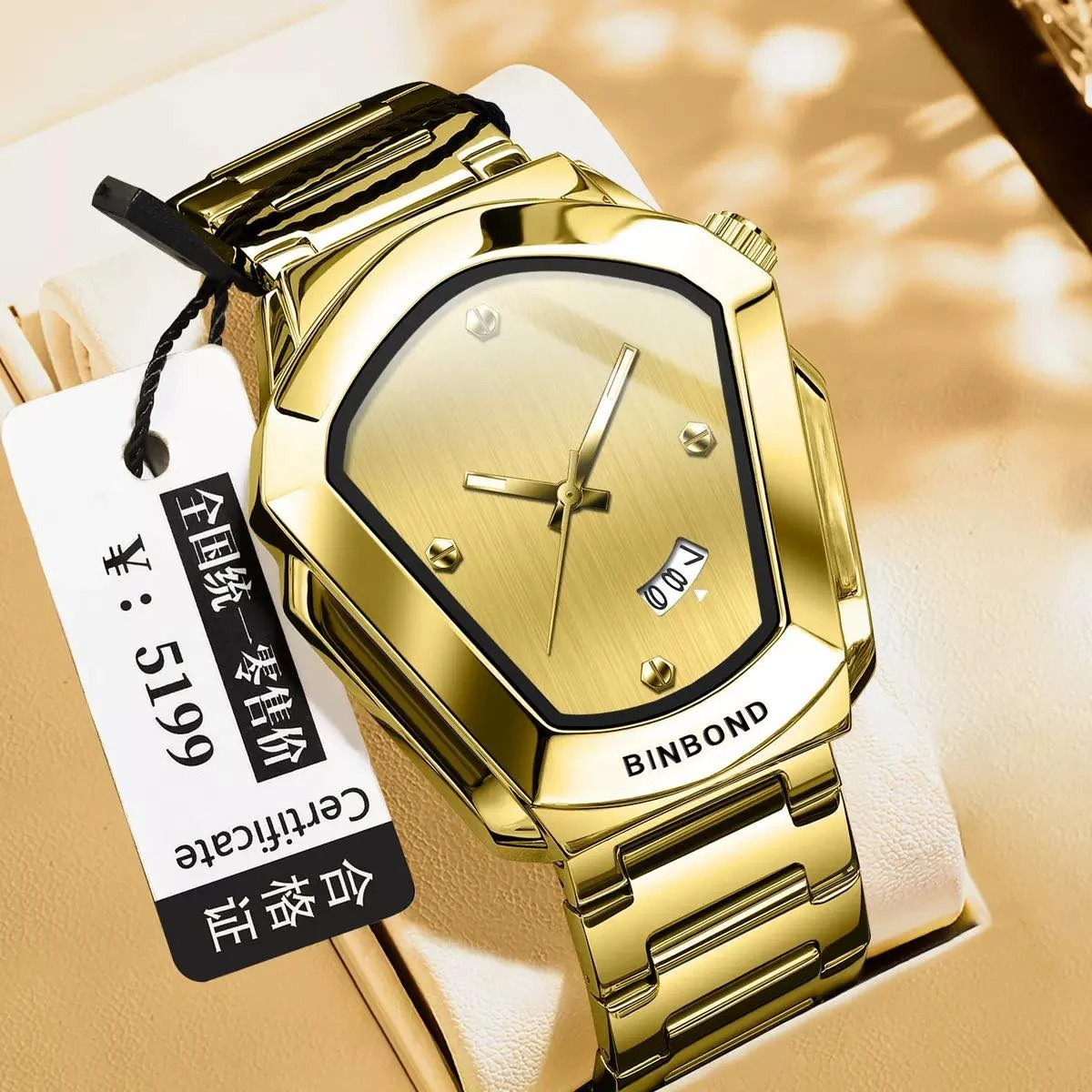 BINBOND WATCH MODEL - 1290 FULL GOLDEN  COLOUR WATCH FOR MAN LOCK PUSH + এক পিস ব্যাটারি ফ্রি