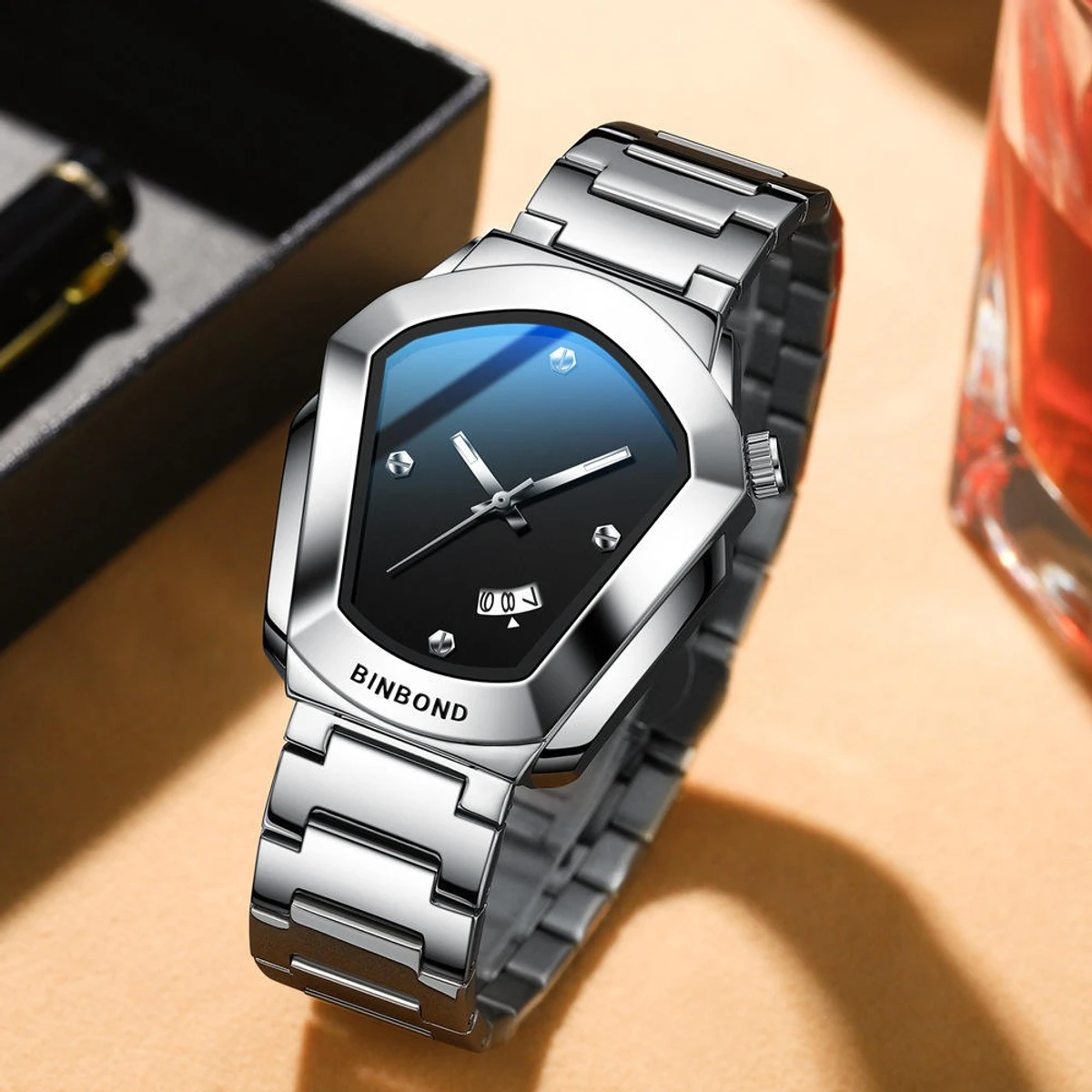 BINBOND WATCH MODEL - 1290  SILVER CHAIN DIAL BLUE  COLOUR WATCH FOR MAN LOCK PUSH + এক পিস ব্যাটারি ফ্রি