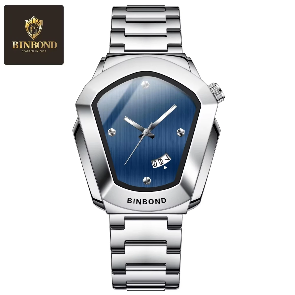 BINBOND WATCH MODEL - 1290  SILVER CHAIN DIAL BLUE  COLOUR WATCH FOR MAN LOCK PUSH + এক পিস ব্যাটারি ফ্রি