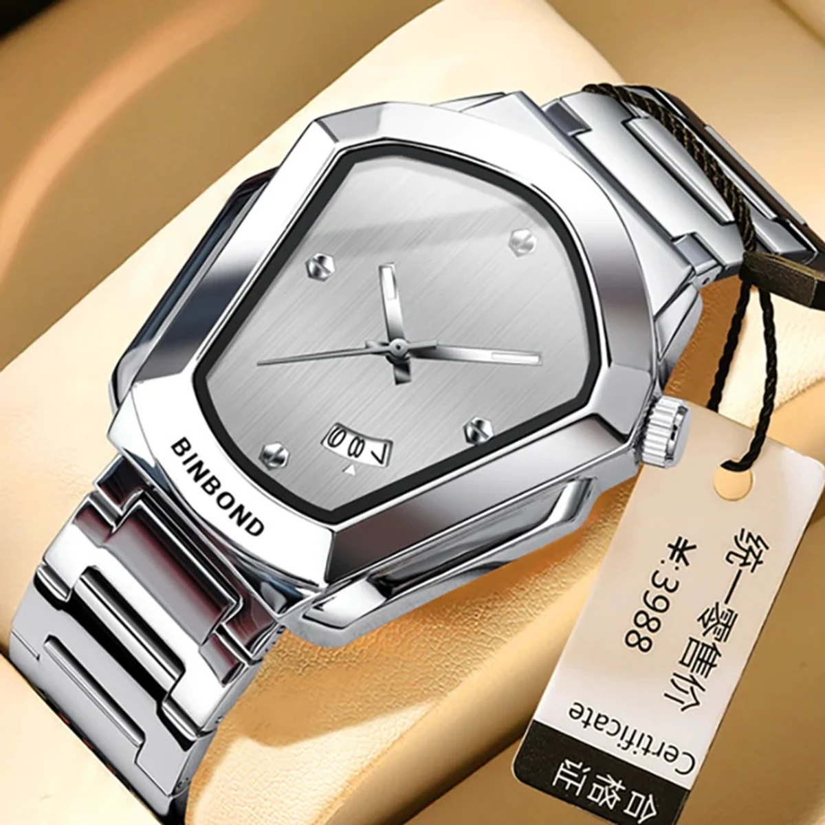 BINBOND WATCH MODEL - 1290 FULL SILVER  COLOUR WATCH FOR MAN LOCK PUSH + এক পিস ব্যাটারি ফ্রি