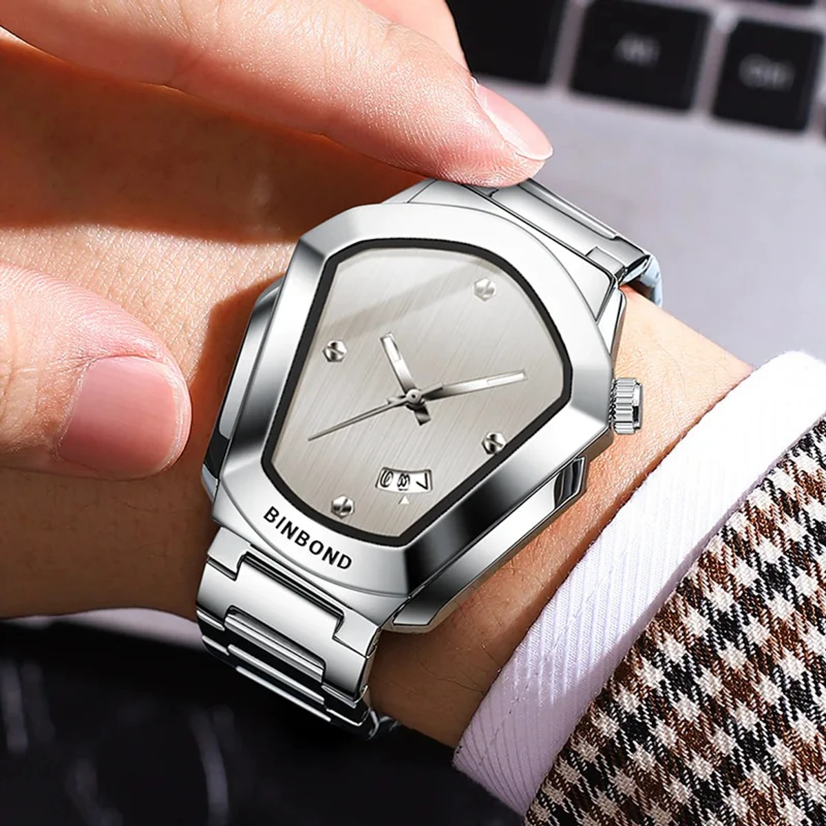 BINBOND WATCH MODEL - 1290 FULL SILVER  COLOUR WATCH FOR MAN LOCK PUSH + এক পিস ব্যাটারি ফ্রি