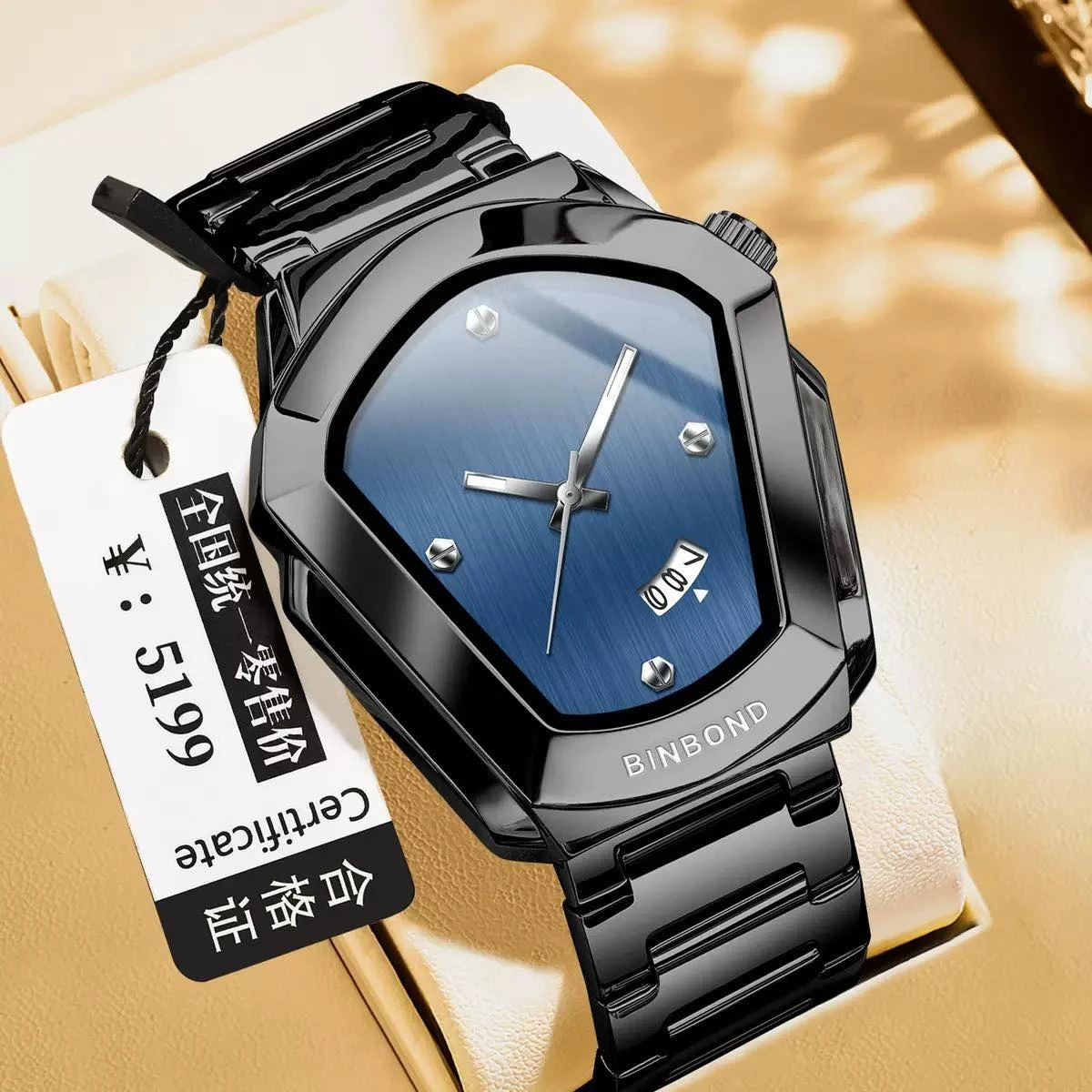 BINBOND WATCH MODEL - 1290 BLACK CHAIN DIAL BLUE COLOUR WATCH FOR MAN LOCK PUSH + এক পিস ব্যাটারি ফ্রি