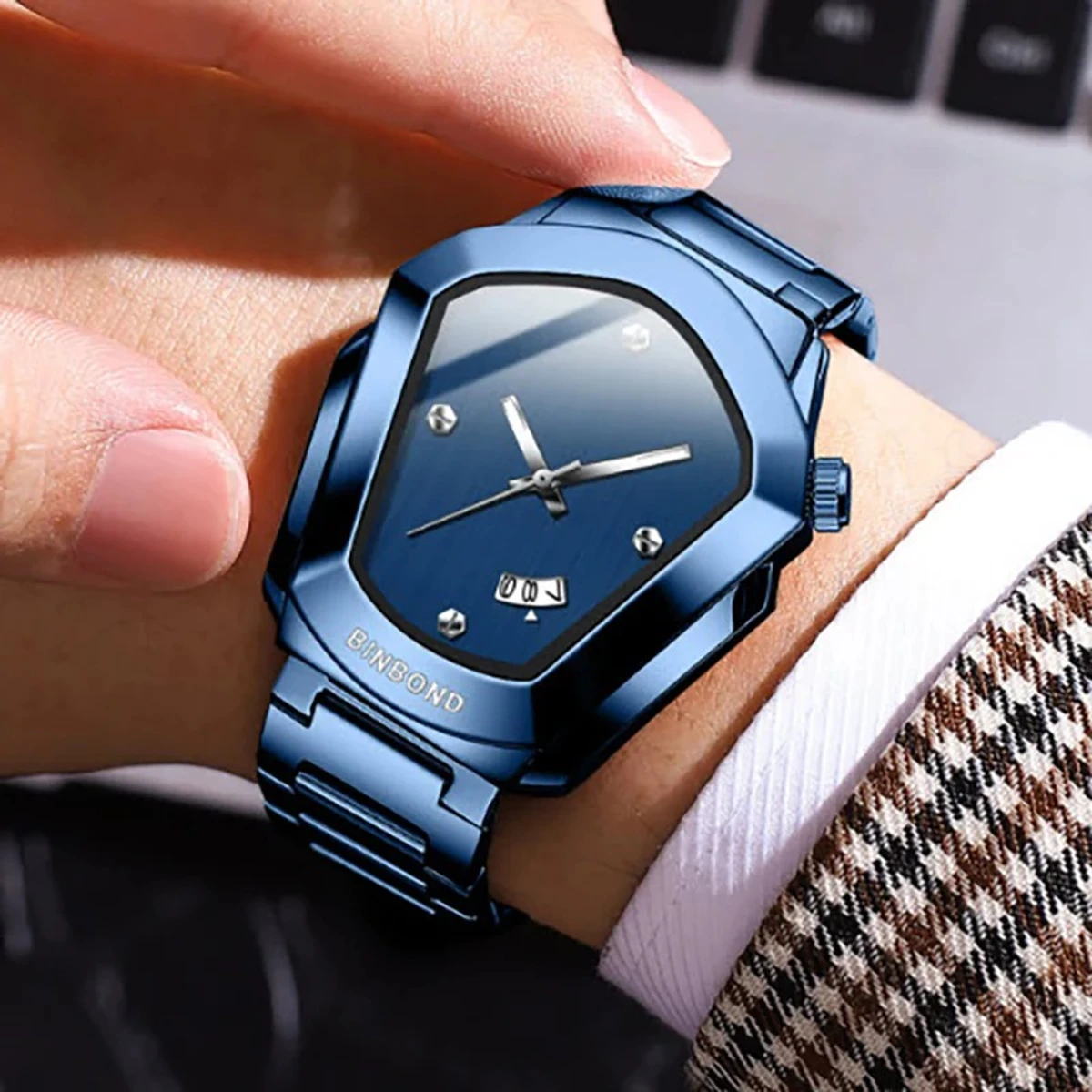 BINBOND WATCH MODEL - 1290 FULL BLUE  COLOUR WATCH FOR MAN LOCK PUSH + এক পিস ব্যাটারি ফ্রি