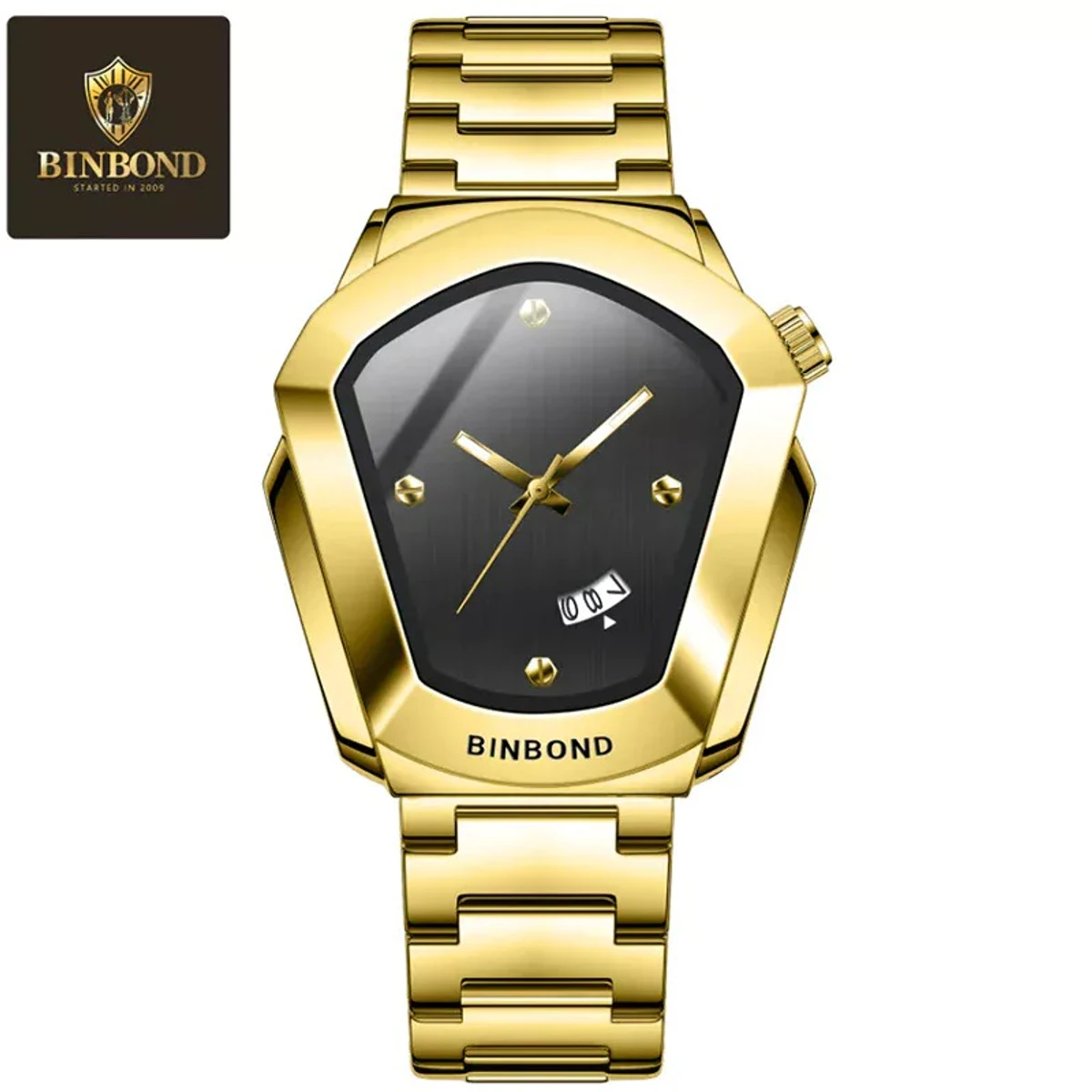 BINBOND WATCH MODEL - 1290  GOLDEN CHAIN DIAL BLACK COLOUR WATCH FOR MAN LOCK PUSH + এক পিস ব্যাটারি ফ্রি
