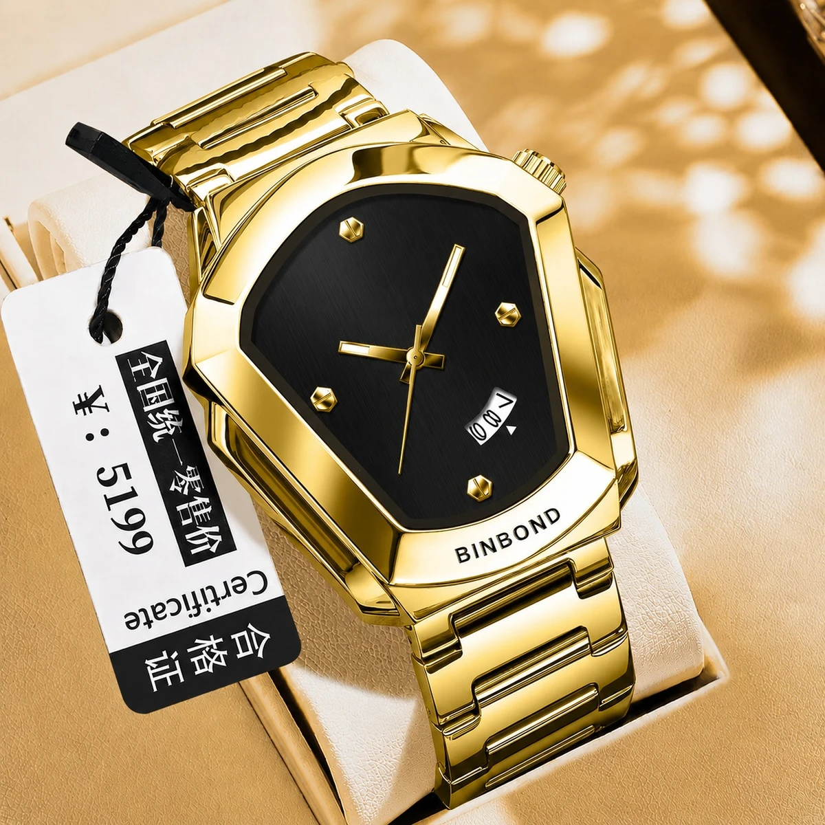 BINBOND WATCH MODEL - 1290  GOLDEN CHAIN DIAL BLACK COLOUR WATCH FOR MAN LOCK PUSH + এক পিস ব্যাটারি ফ্রি