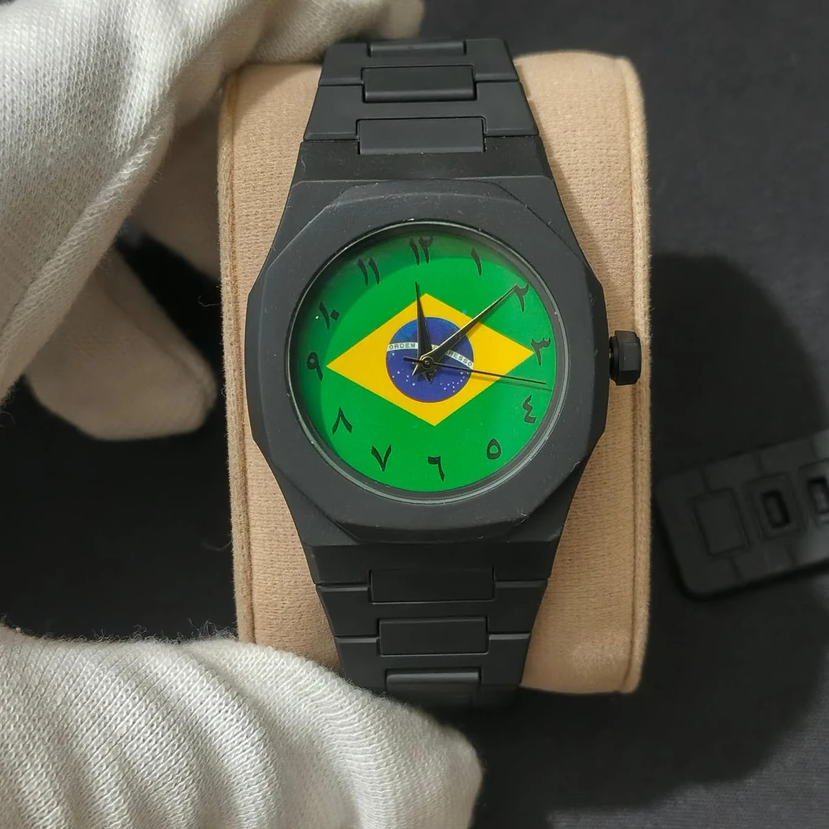 Exclusive Brazil Flag World Cup Football Watch for Men - Black Matte Finish Fiber Look Arabic Numeral Dial Wrist Watch - + এক পিস ব্যাটারি ফ্রি