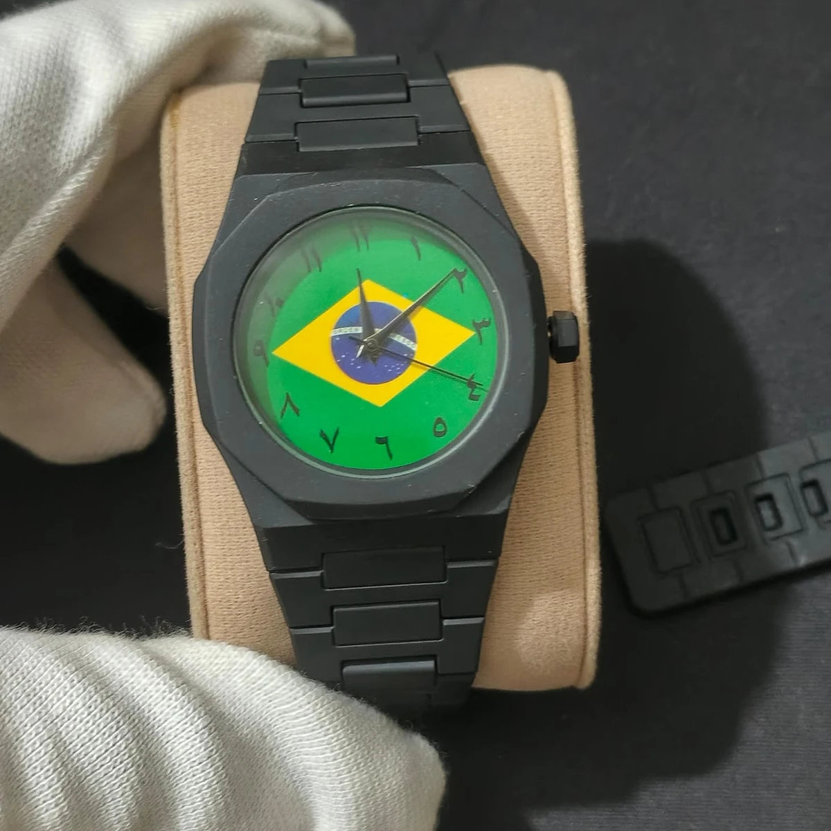 Exclusive Brazil Flag World Cup Football Watch for Men - Black Matte Finish Fiber Look Arabic Numeral Dial Wrist Watch - + এক পিস ব্যাটারি ফ্রি