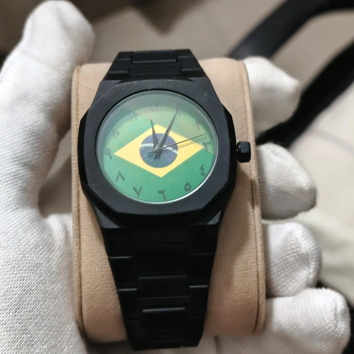 Exclusive Brazil Flag World Cup Football Watch for Men - Black Matte Finish Fiber Look Arabic Numeral Dial Wrist Watch - + এক পিস ব্যাটারি ফ্রি