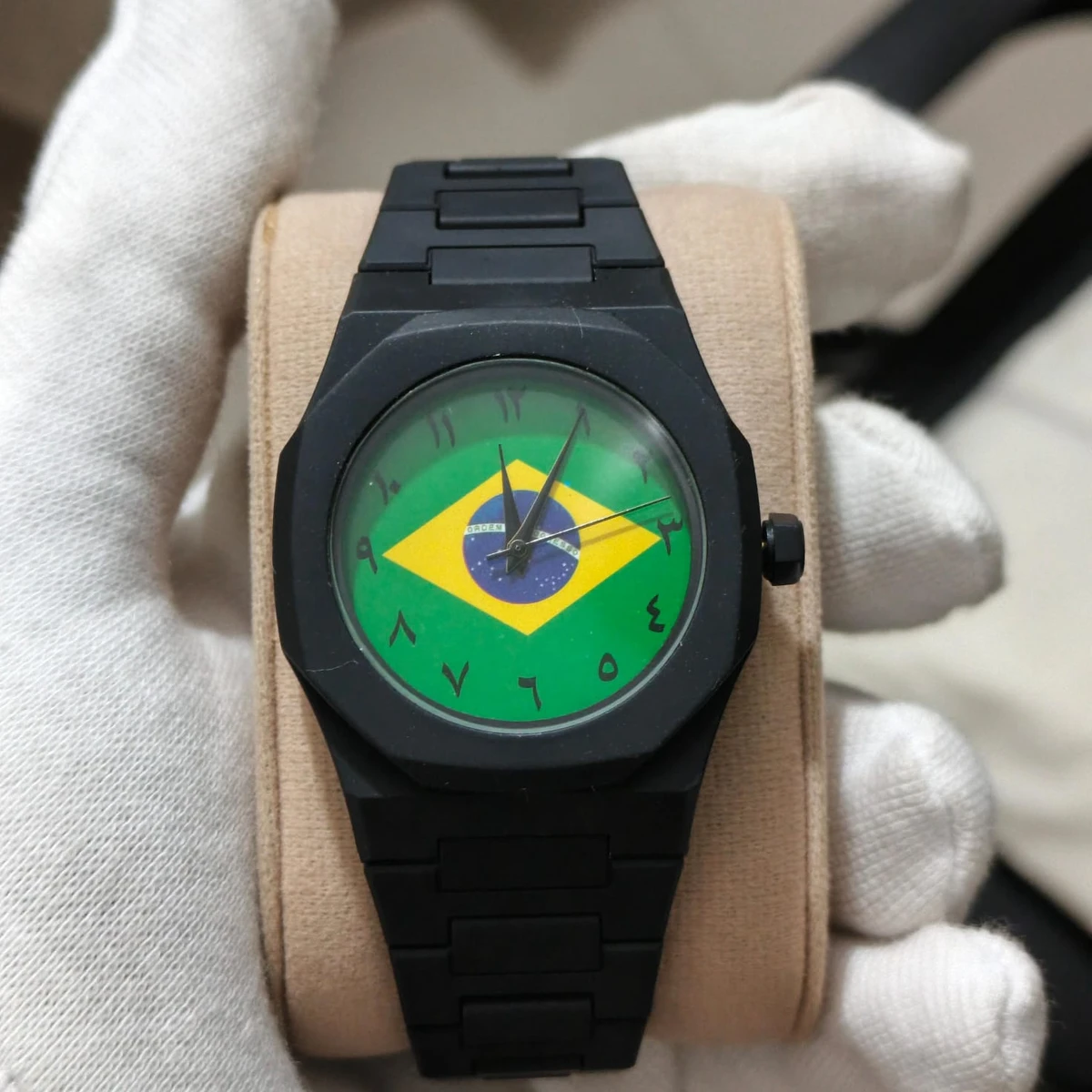 Exclusive Brazil Flag World Cup Football Watch for Men - Black Matte Finish Fiber Look Arabic Numeral Dial Wrist Watch - + এক পিস ব্যাটারি ফ্রি