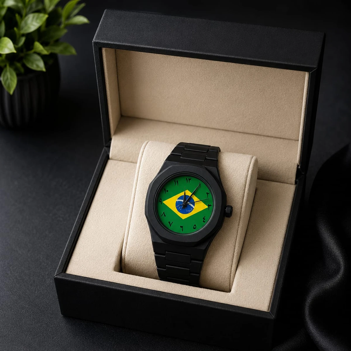 Exclusive Brazil Flag World Cup Football Watch for Men - Black Matte Finish Fiber Look Arabic Numeral Dial Wrist Watch - + এক পিস ব্যাটারি ফ্রি