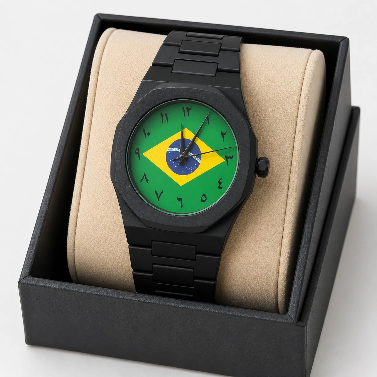 Exclusive Brazil Flag World Cup Football Watch for Men - Black Matte Finish Fiber Look Arabic Numeral Dial Wrist Watch - + এক পিস ব্যাটারি ফ্রি