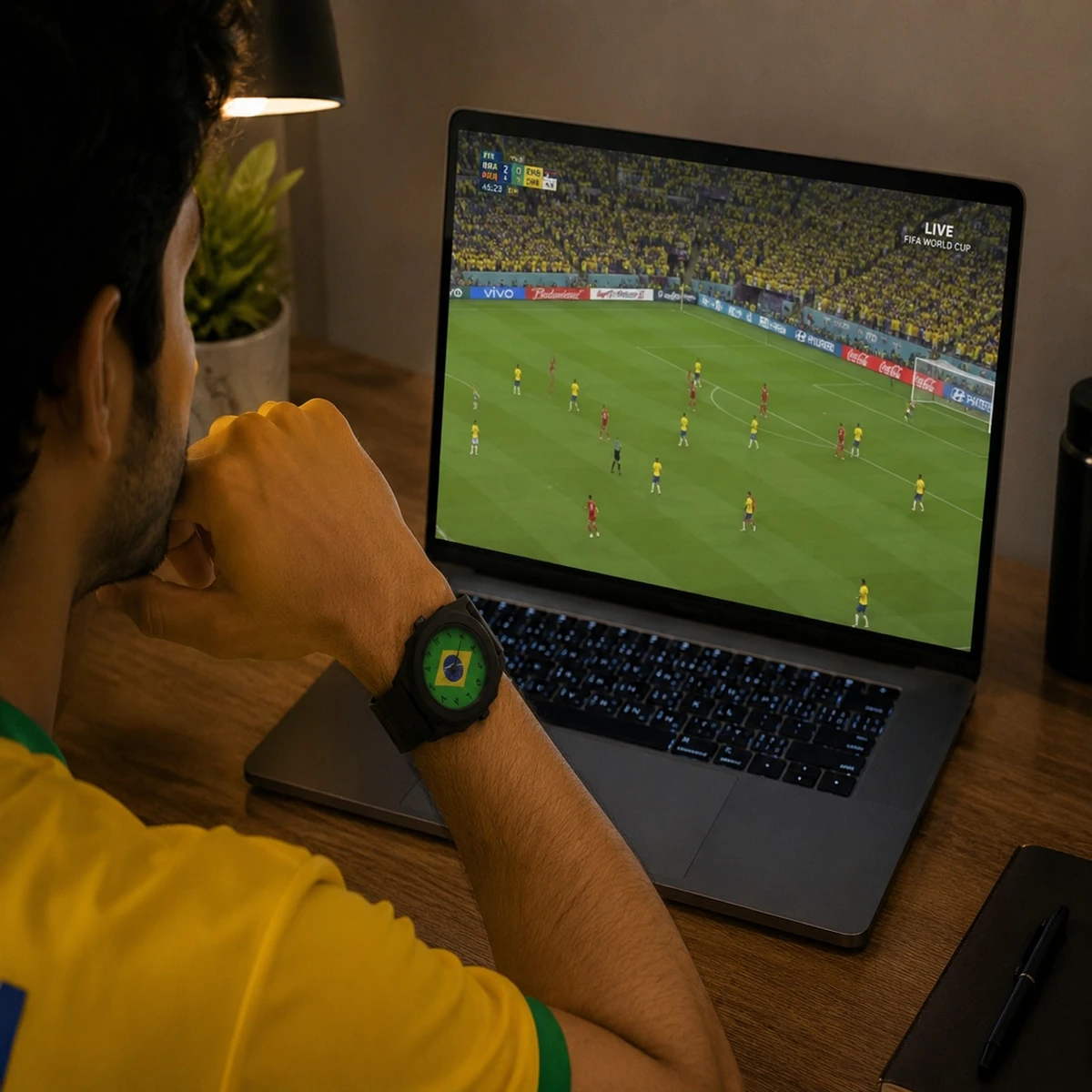 Exclusive Brazil Flag World Cup Football Watch for Men - Black Matte Finish Fiber Look Arabic Numeral Dial Wrist Watch - + এক পিস ব্যাটারি ফ্রি