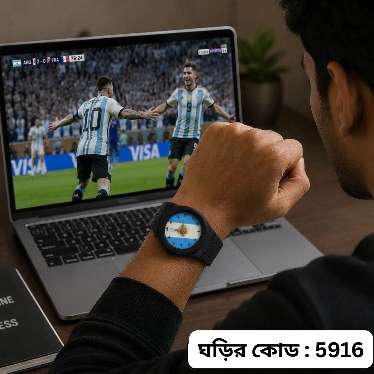 Exclusive Argentina Flag World Cup Football Watch for Men - Black Belt Arabic Numeral Dial Wrist Watch Belt - + এক পিস ব্যাটারি ফ্রি