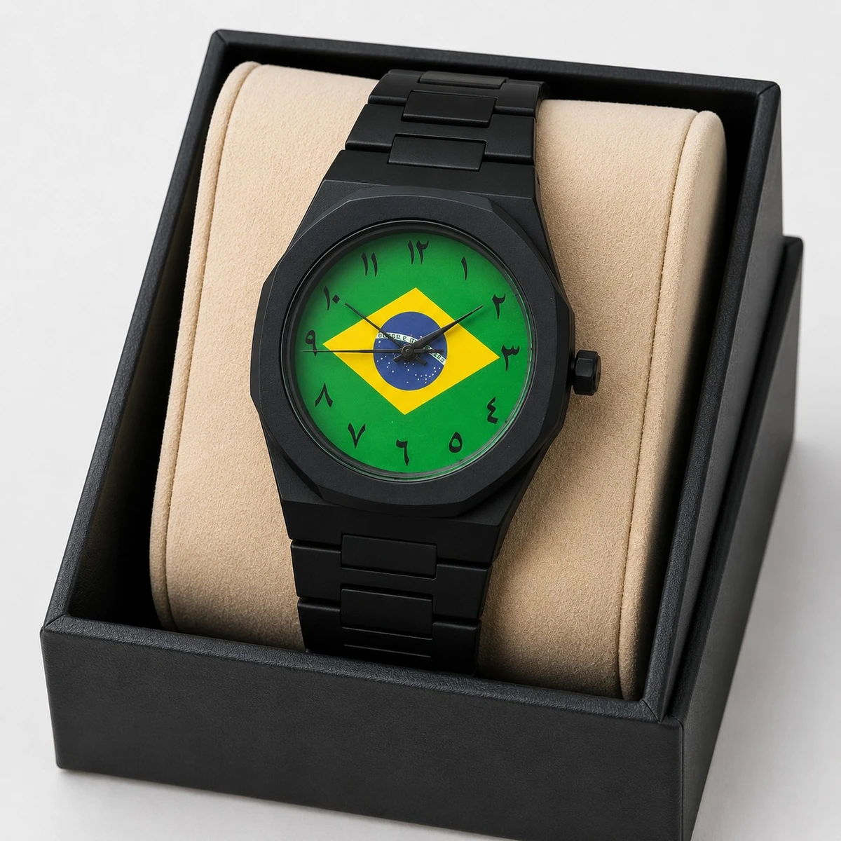 Exclusive Brazil Flag World Cup Football Watch for Men - Black Belt Arabic Numeral Dial Wrist Watch Belt  + এক পিস ব্যাটারি ফ্রি