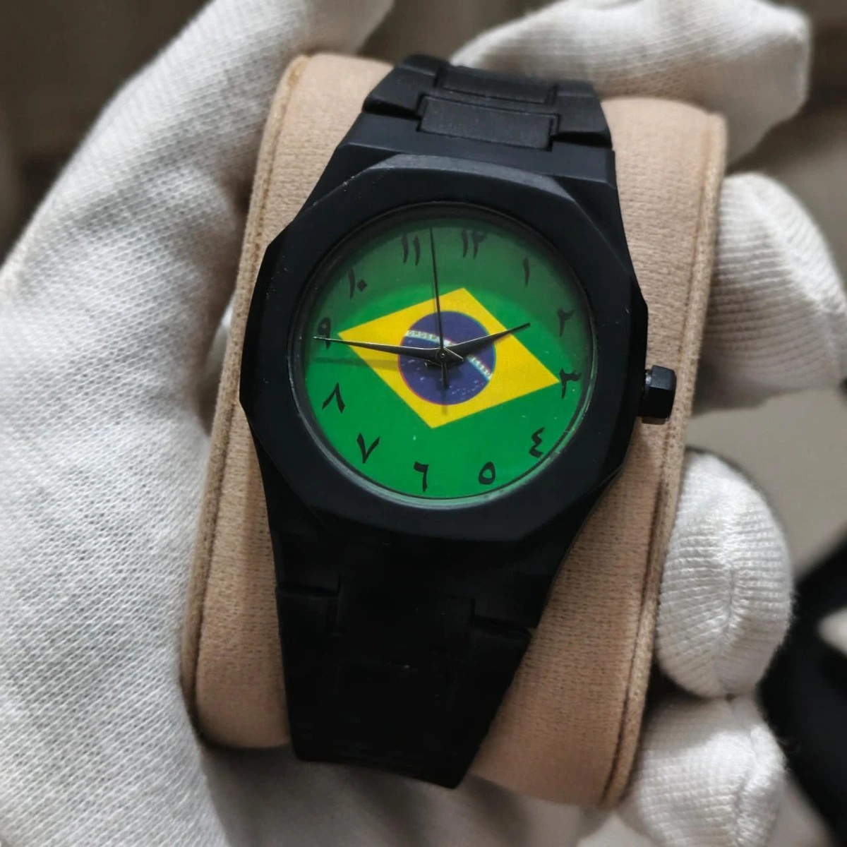 Exclusive Brazil Flag World Cup Football Watch for Men - Black Belt Arabic Numeral Dial Wrist Watch Belt  + এক পিস ব্যাটারি ফ্রি