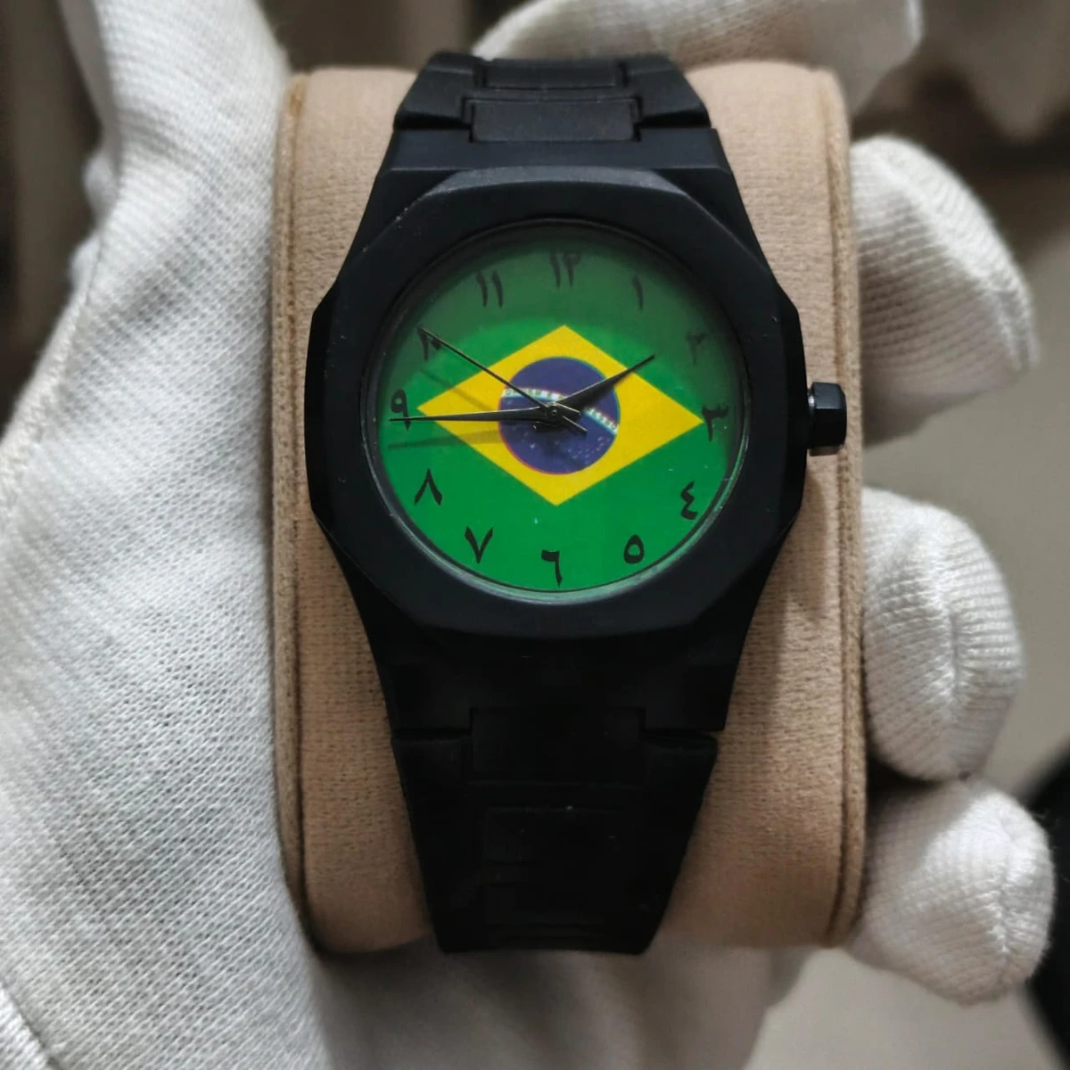 Exclusive Brazil Flag World Cup Football Watch for Men - Black Belt Arabic Numeral Dial Wrist Watch Belt  + এক পিস ব্যাটারি ফ্রি