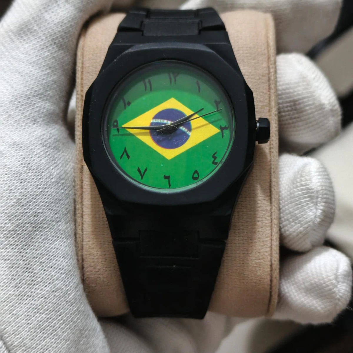 Exclusive Brazil Flag World Cup Football Watch for Men - Black Belt Arabic Numeral Dial Wrist Watch Belt  + এক পিস ব্যাটারি ফ্রি