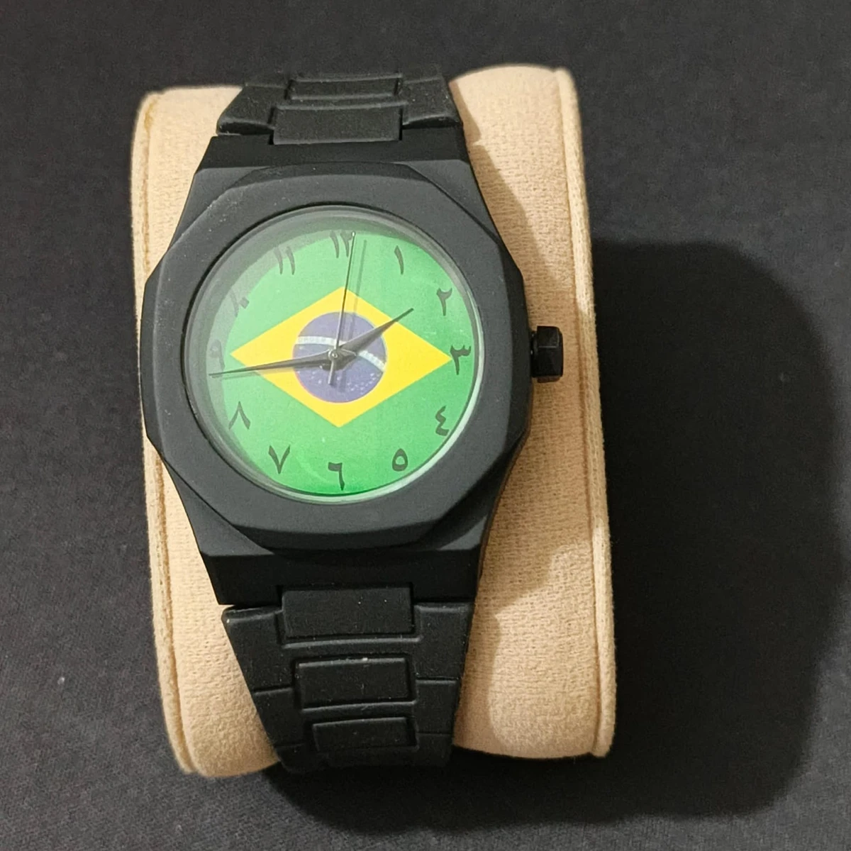 Exclusive Brazil Flag World Cup Football Watch for Men - Black Belt Arabic Numeral Dial Wrist Watch Belt  + এক পিস ব্যাটারি ফ্রি