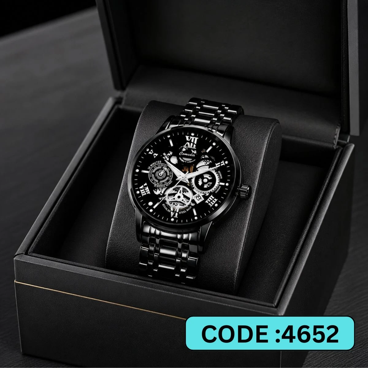 Luxury Watch Model 101 Full Black Colour Dial Black White Watch For Man + এক পিস ব্যাটারি ফ্রি।