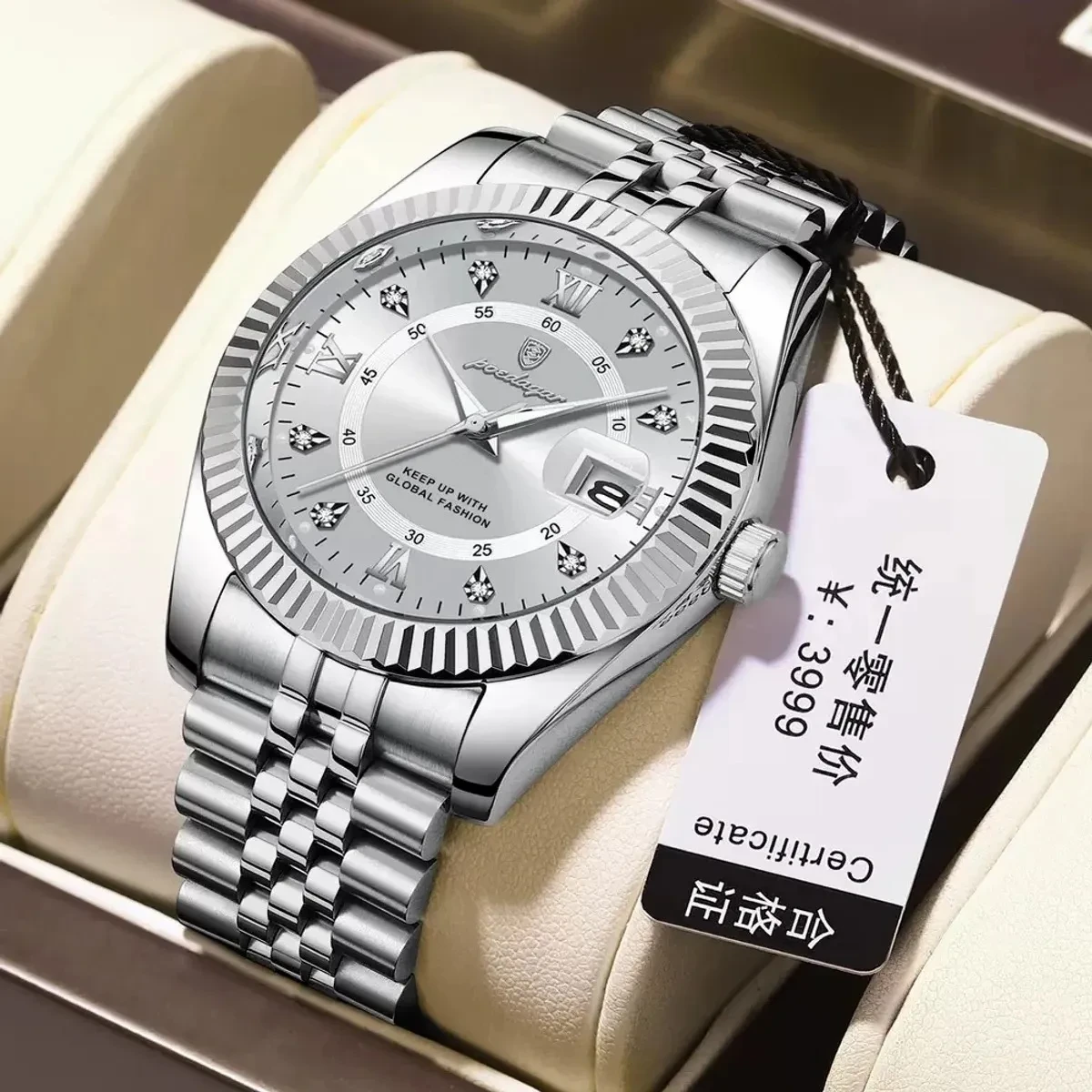 POEDAGAR WATCH MODEL 910 FULL SILVER COLOUR WATCH MAN + এক পিস ব্যাটারি ফ্রি।