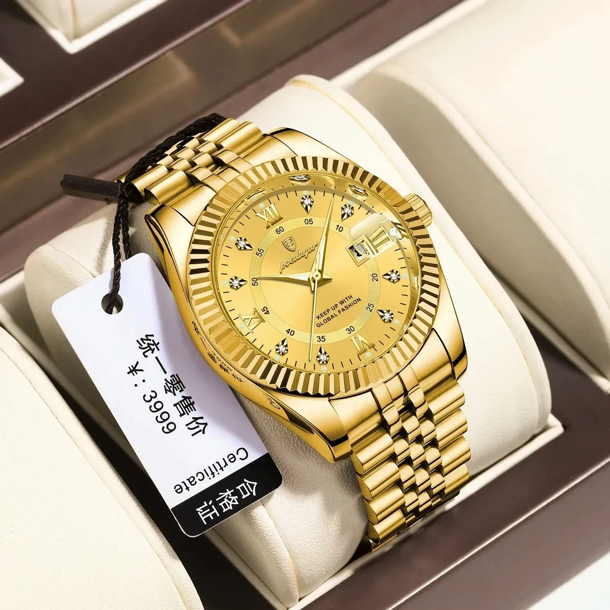 POEDAGAR WATCH MODEL 910 FULL GOLDEN COLOUR WATCH FOR MAN + এক পিস ব্যাটারি ফ্রি।