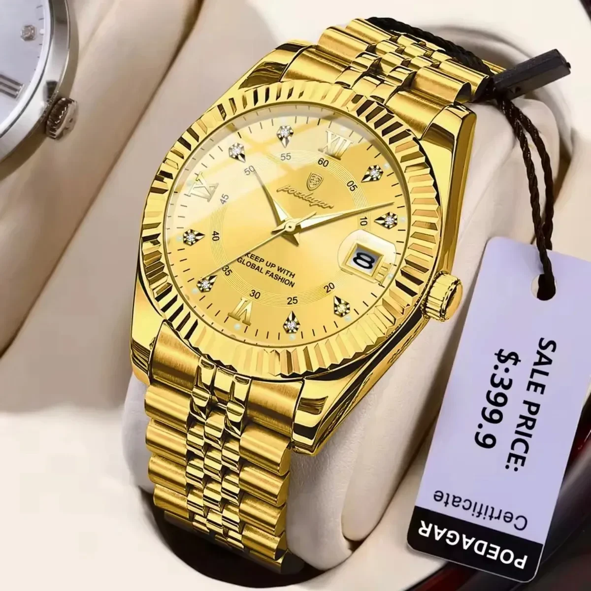 POEDAGAR WATCH MODEL 910 FULL GOLDEN COLOUR WATCH FOR MAN + এক পিস ব্যাটারি ফ্রি।