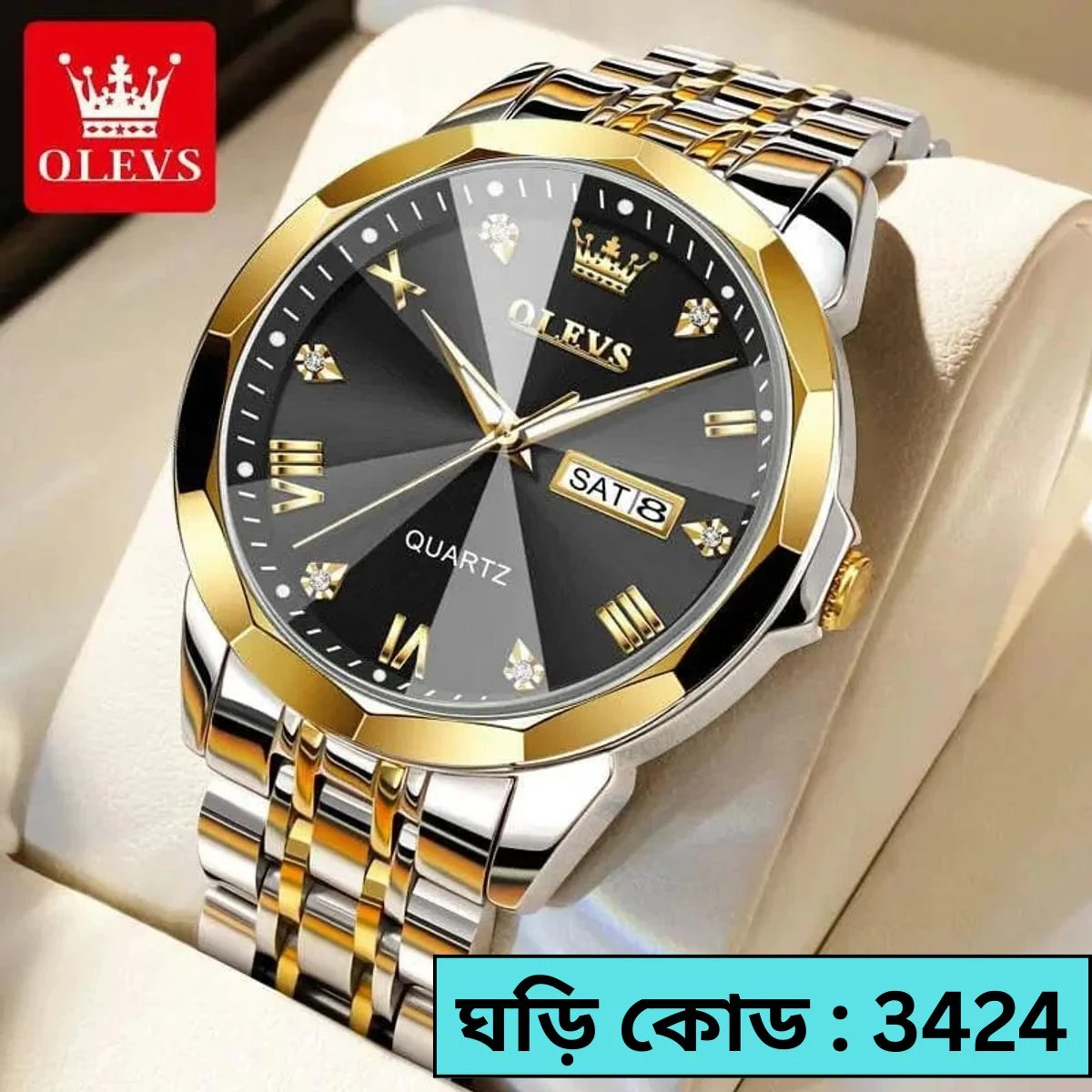 OLEVS MODEL 9931 Watch TOTON AR DIAL BLACK ROUND GOLDEN COLOUR - - MAN WATCH - LOCK PUSH