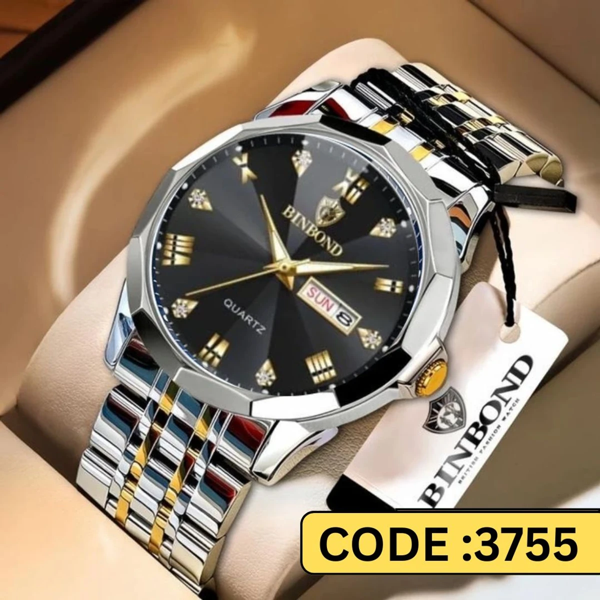 BINBOND WATCH MODEL - 8080 TOTON AR DIAL BLACK COLOUR WATCH FOR MAN  LOCK PUSH + এক পিস ব্যাটারি ফ্রি