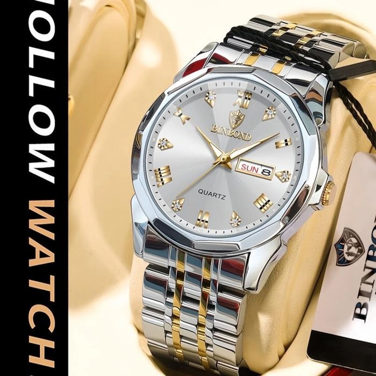 BINBOND WATCH MODEL - 8080 TOTON AR DIAL WHITE COLOUR WATCH FOR  MAN  LOCK PUSH + এক পিস ব্যাটারি ফ্রি