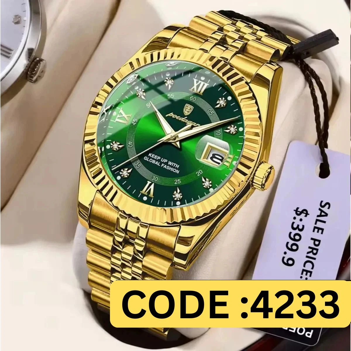 POEDAGAR WATCH MODEL 910 GOLDEN CHAIN DIAL GREEN  COLOUR WATCH FOR MAN + এক পিস ব্যাটারি ফ্রি।