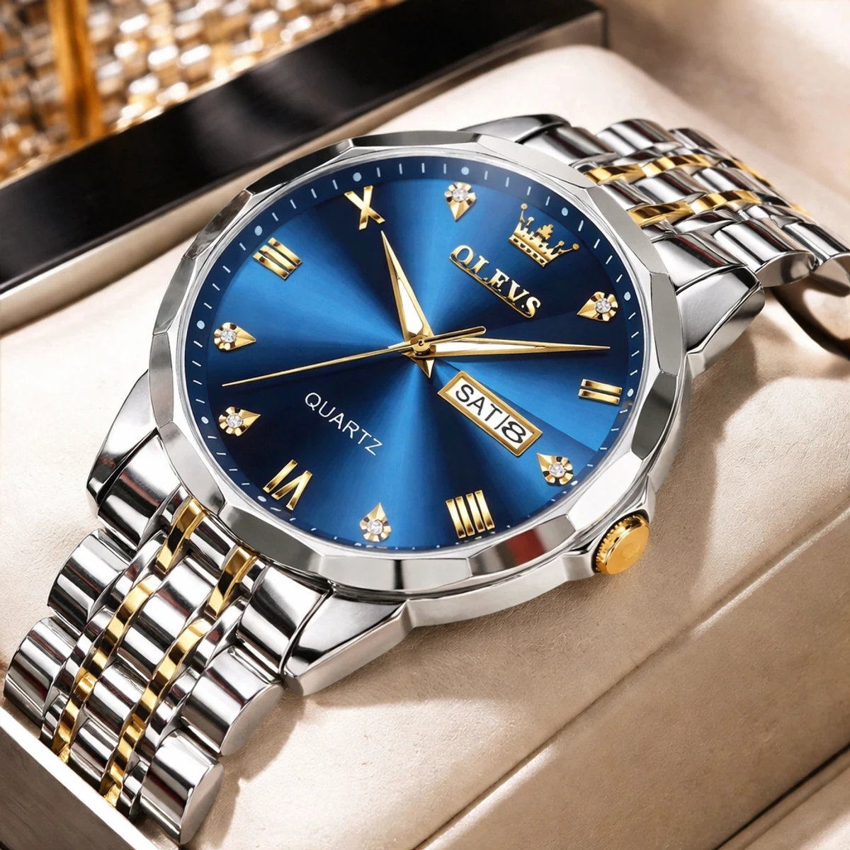 OLEVS WATCH MODEL - 9931 TOTON AR DIAL BLUE - MAN WATCH LOCK PUSH + এক পিস ব্যাটারি ফ্রি