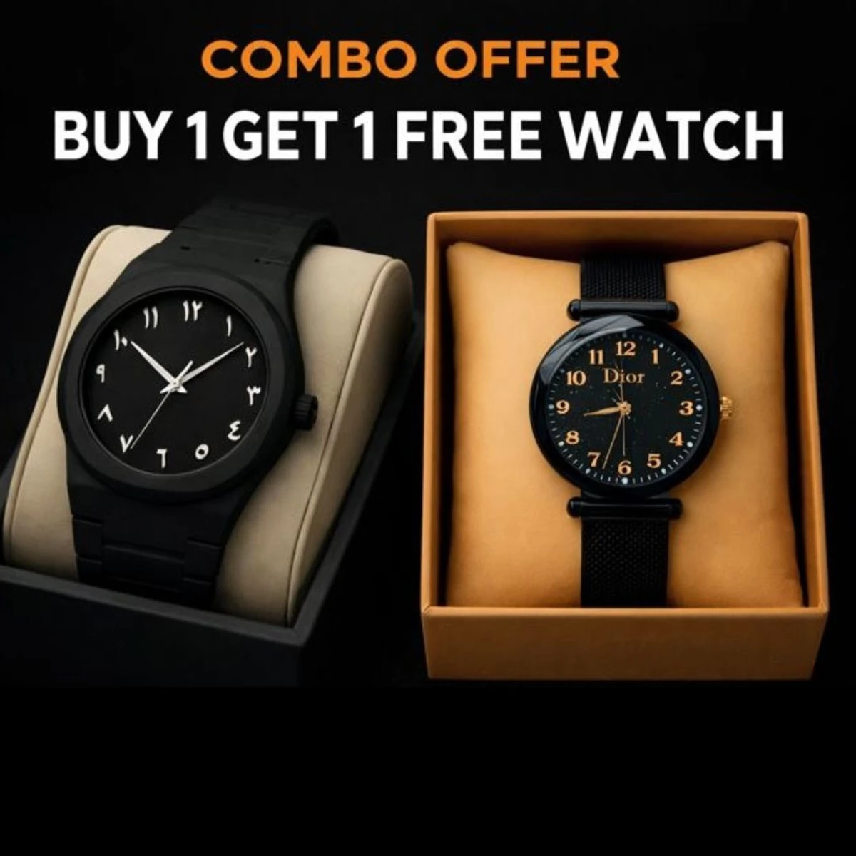 2ps Combo Offer Watch  Arabic Watch Full Black Colour Dial Stone White Arabic + Dior Ladis Mangnet Watch  For Women -  2 পিস ব্যাটারি ফ্রি