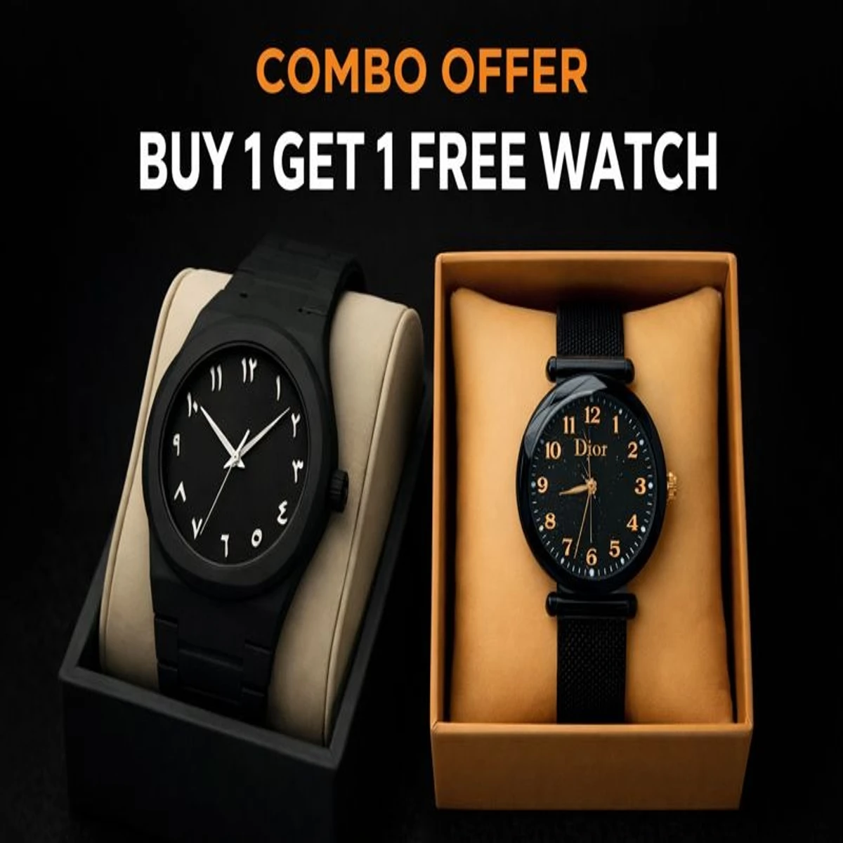2ps Combo Offer Watch  Arabic Watch Full Black Colour Dial Stone White Arabic + Dior Ladis Mangnet Watch  For Women -  2 পিস ব্যাটারি ফ্রি