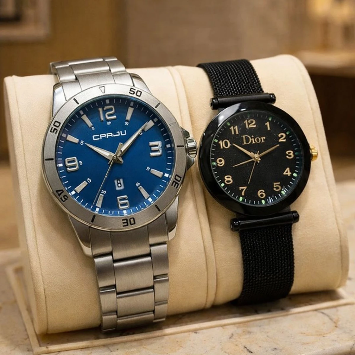 2ps Combo Offer Watch CRRJU MODEL 5003 Date Shoho  Silver Chain Dial Blue Cooler Man Watch date shoho + Dior Ladis Mangnet Watch For Women - 2 পিস ব্যাটারি ফ্রি