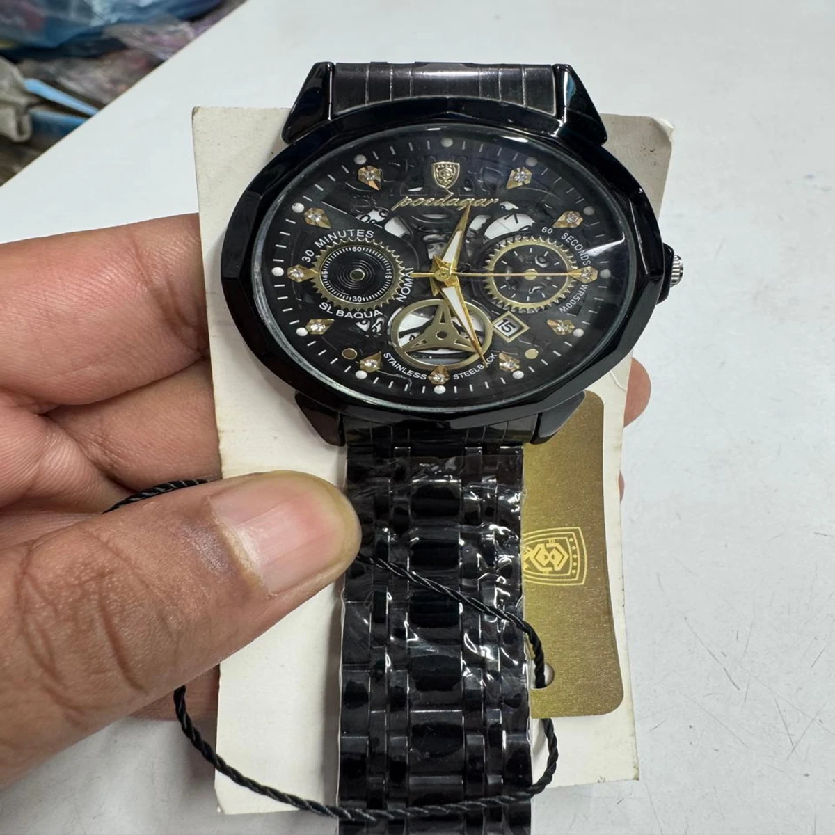 POEDAGAR WATCH MODEL 3030 Full Black Colour Dial Black Or Golden Watch For Man + এক পিস ব্যাটারি ফ্রি।