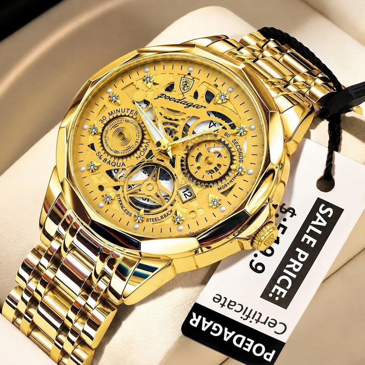 POEDAGAR WATCH MODEL 3030 Full Golden Colour Watch For Man + এক পিস ব্যাটারি ফ্রি।