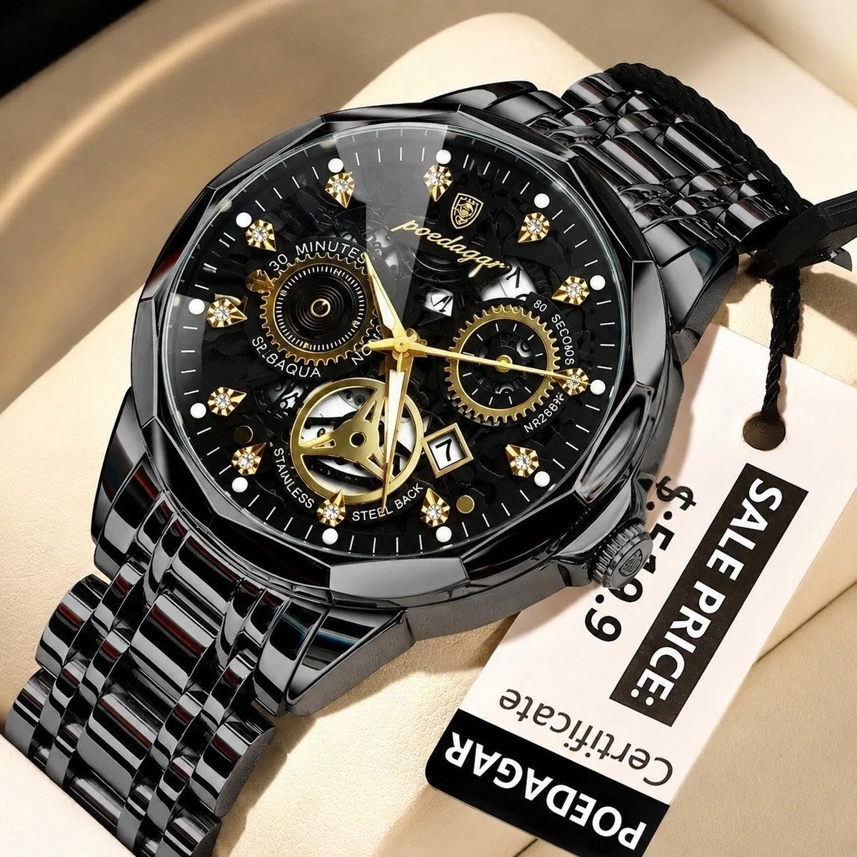 POEDAGAR WATCH MODEL 3030 Full Black Colour Dial Black Or Golden Watch For Man + এক পিস ব্যাটারি ফ্রি।
