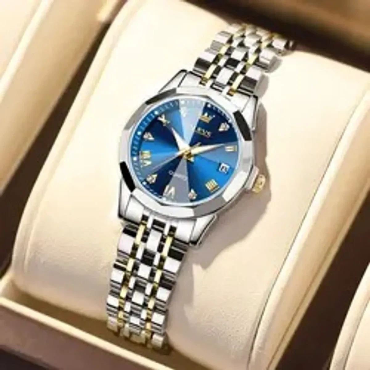 COMBO WATCH 2PS OLEVS MODEL 9931 TOTON DIAL BLUE MAN 1PS + WOMEN 1PS - 2 পিস ব্যাটারি ফ্রি।