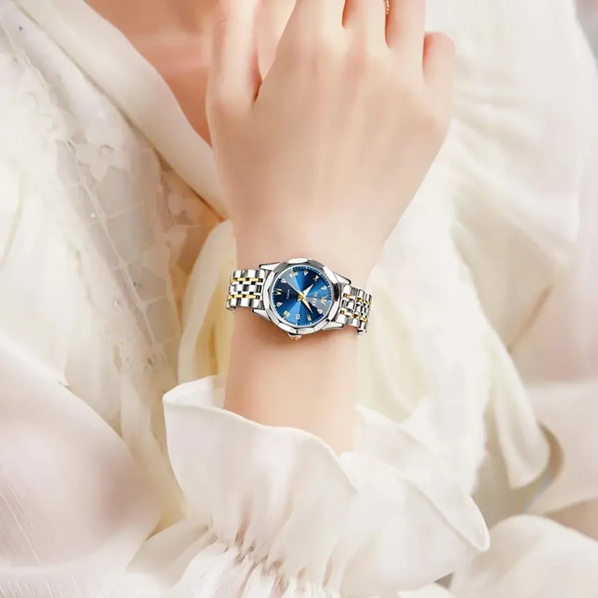 COMBO WATCH 2PS OLEVS MODEL 9931 TOTON DIAL BLUE MAN 1PS + WOMEN 1PS - 2 পিস ব্যাটারি ফ্রি।