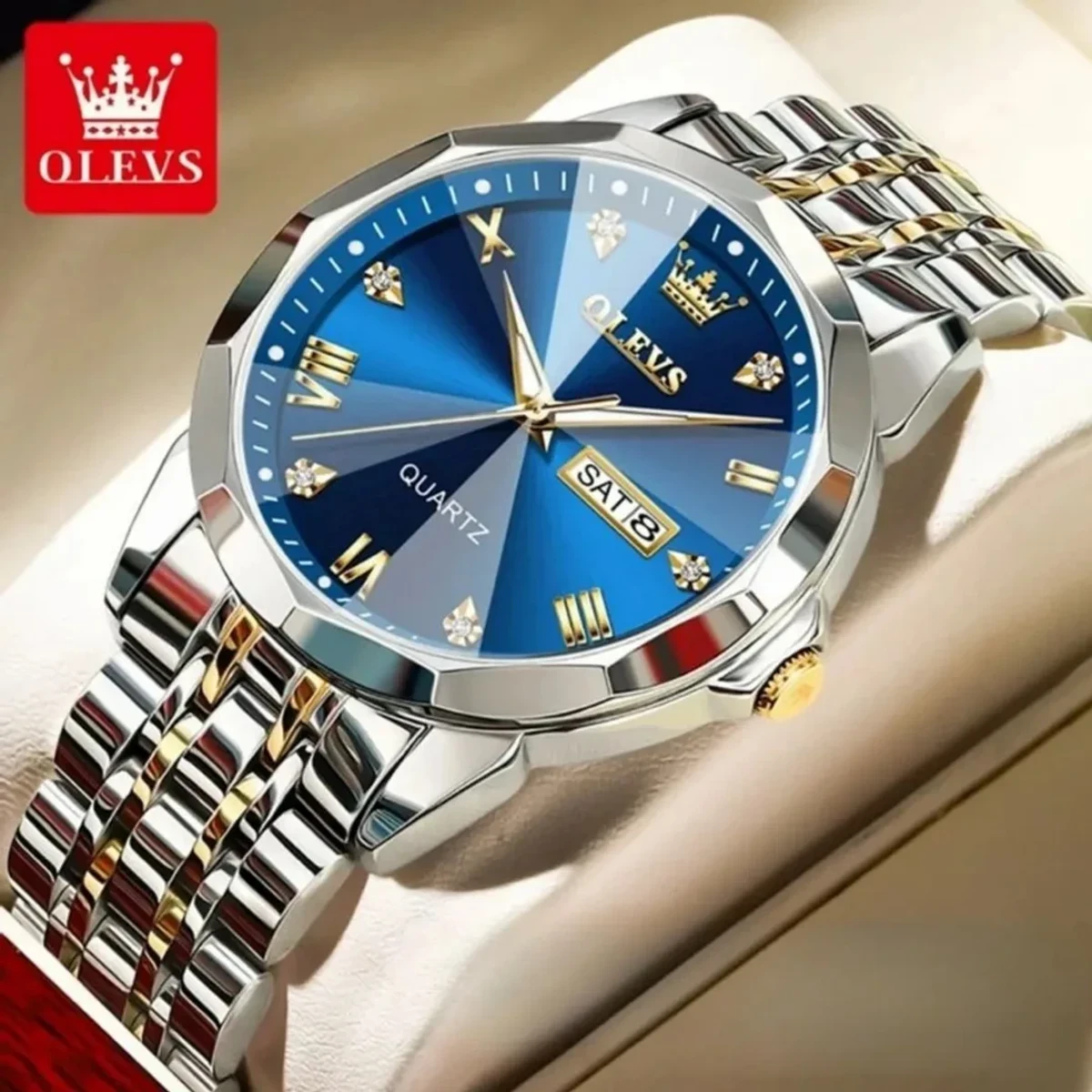 COMBO WATCH 2PS OLEVS MODEL 9931 TOTON DIAL BLUE MAN 1PS + WOMEN 1PS - 2 পিস ব্যাটারি ফ্রি।