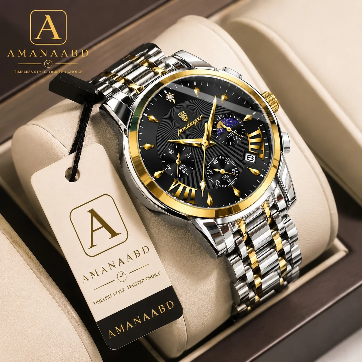 POEDAGAR Stainless Steel Watch Model 4050 Toton ar Dial Black Colour Watch For Man + এক পিস ব্যাটারি ফ্রি