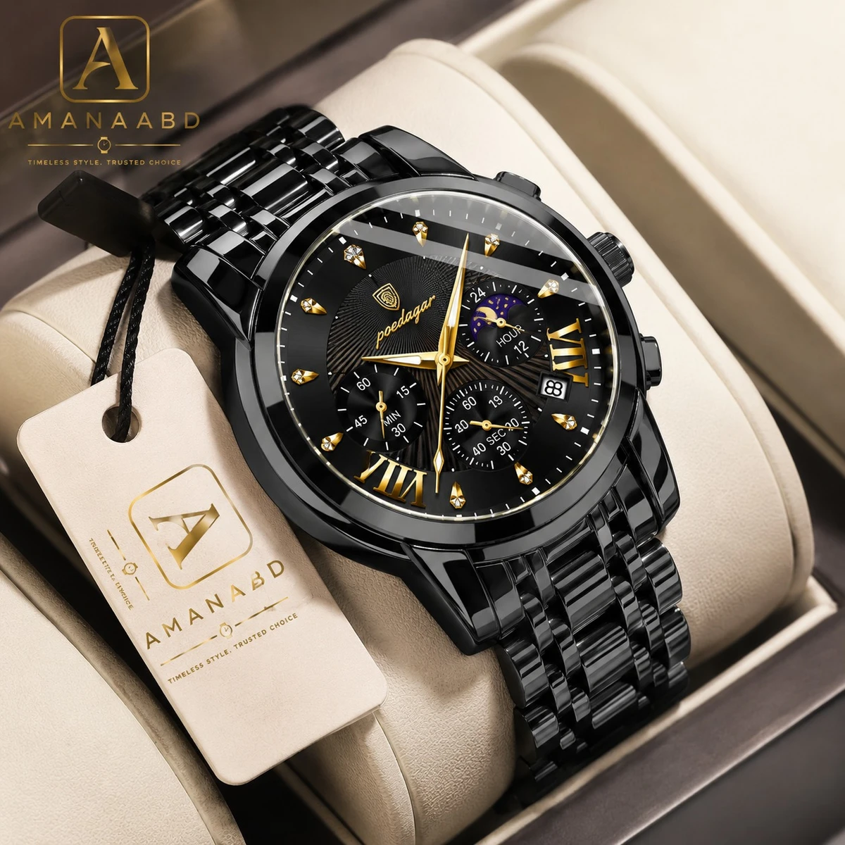 POEDAGAR Stainless Steel Watch Model 4050 Full Black  Colour Watch For Man + এক পিস ব্যাটারি ফ্রি