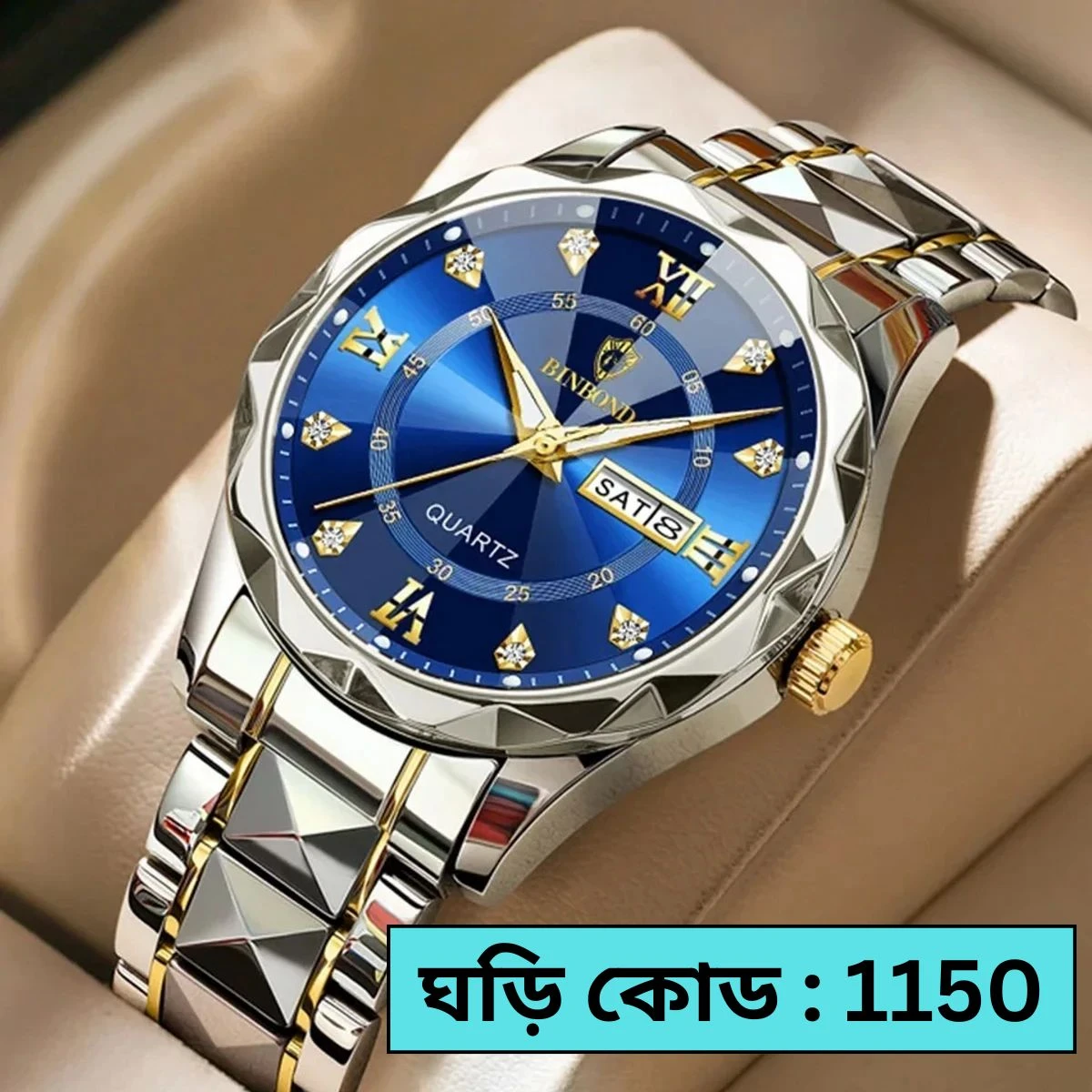 BINBOND NEW DIAMOND CUT DESIGN TOTON AR DIAL BLUE COLOUR WATCH for Men