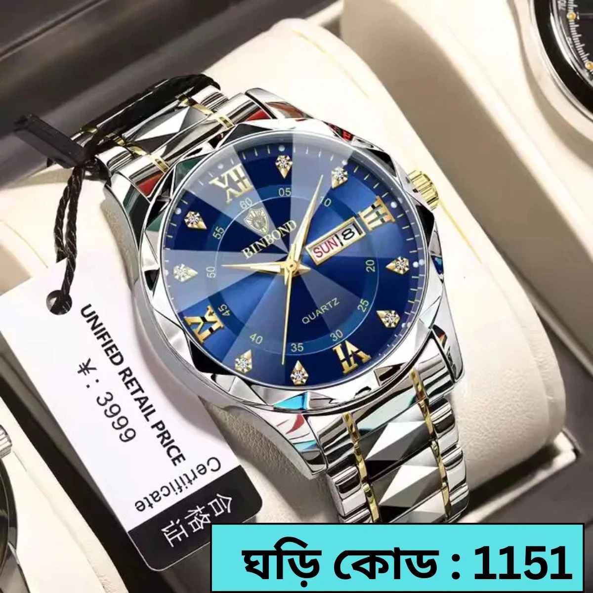 BINBOND NEW DIAMOND CUT DESIGN TOTON AR DIAL BLUE COOLER WATCH FOR MAN
