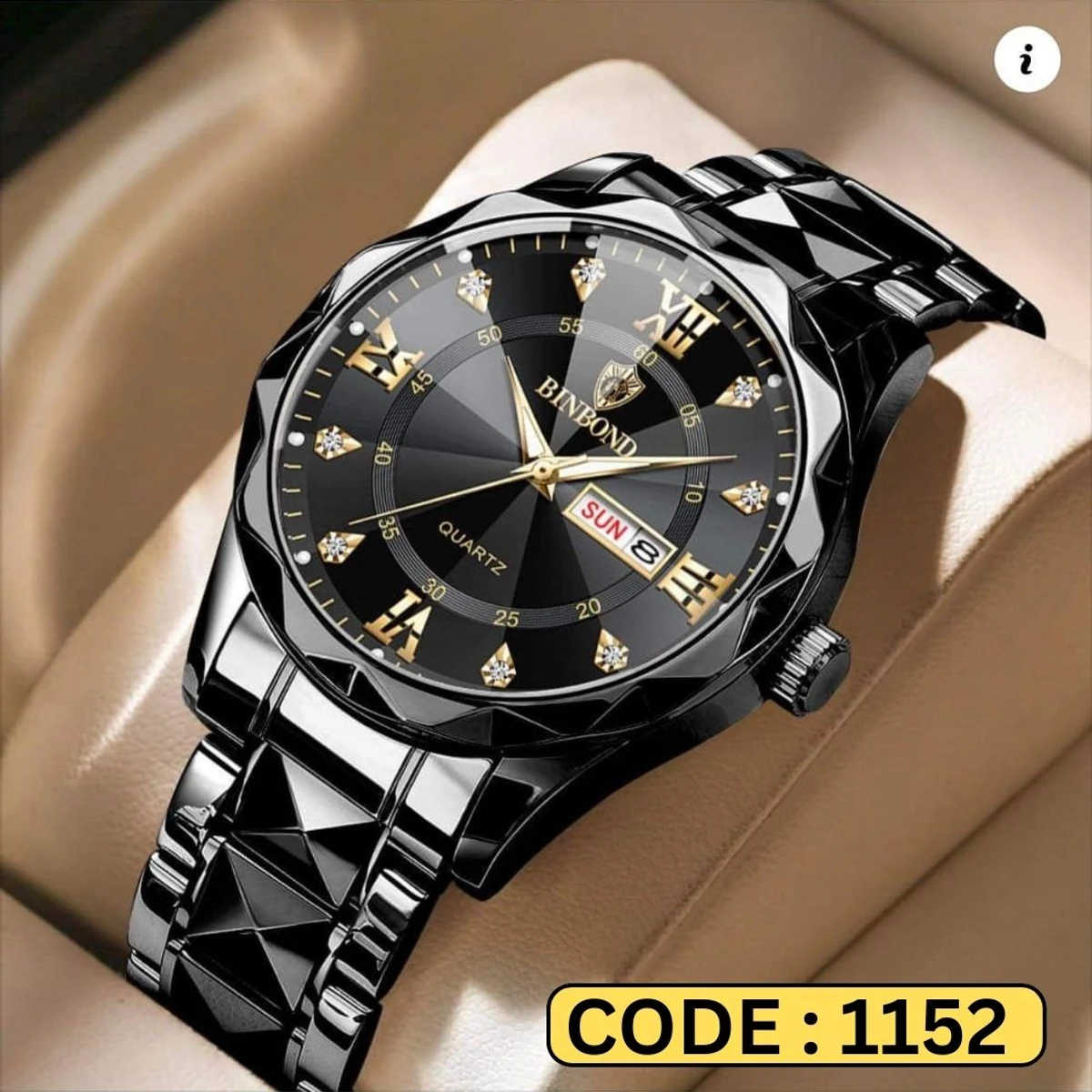 BINBOND NEW DIAMOND CUT DESIGN FULL BLACK COLOUR WATCH  MAN LOCK PUSH + এক পিস ব্যাটারি ফ্রি।